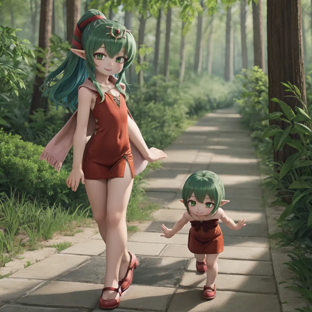 This image depicts two cute anime girls with pointy ears walking down a stone path in the woods. They are both wearing red dresses and have green hair. The girl on the left is taller and has a more mature expression on her face, while the girl on the right is smaller and has a more playful expression on her face. The background of the image is a lush forest with green trees and bushes.