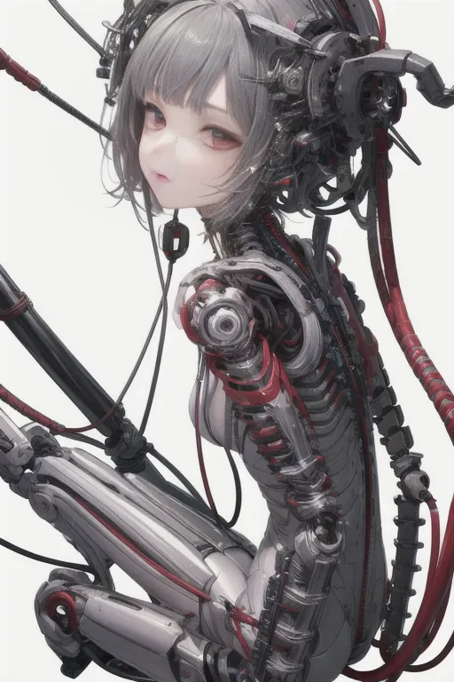 The image is a drawing of a female character with white hair and red eyes. She is wearing a white and gray outfit with a lot of wires and mechanical parts attached to her body. She is sitting on a white surface with her legs crossed and her arms resting on her lap. The background is white.