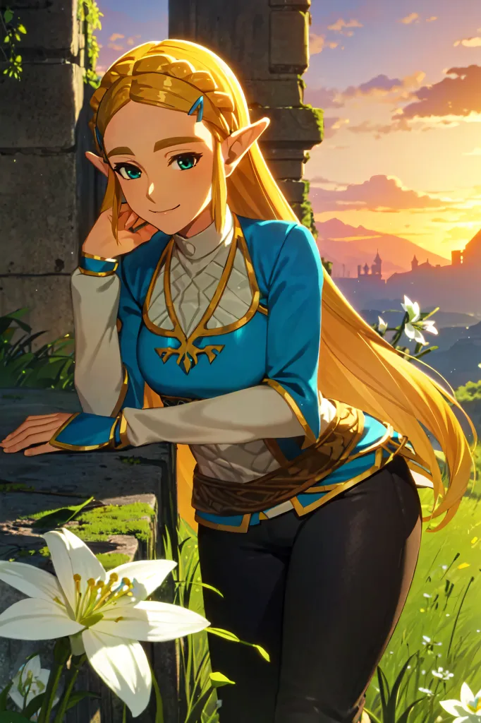 The image shows a young woman with long blond hair and blue eyes. She is wearing a blue tunic with a white undershirt and brown pants. She is also wearing a brown belt with a gold buckle. She is standing in a field of flowers, and there are ruins in the background. The woman is smiling and has her hand on her chin. She is looking at the flowers.