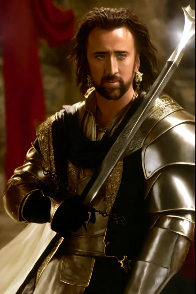 Esta imagem mostra o ator Nicolas Cage em um still do filme de fantasia de 2001 "A Mandolina do Capitão Corelli". Ele está vestido com um traje de cavaleiro medieval, incluindo uma couraça, proteções para os ombros e um capacete. Ele também está usando uma espada e um punhal. Ele tem uma barba e seu cabelo é longo e encaracolado. Ele está em uma pose determinada, pronto para lutar.