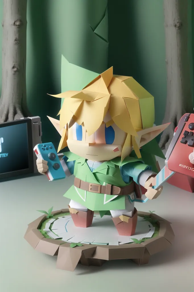 The image shows a papercraft figure of Link from the Legend of Zelda series. He is standing on a brown platform and is holding the Switch controller in his right hand and the Master Sword in his left hand. He is wearing a green tunic, brown boots, and a brown belt. His hair is blond and he has blue eyes. The background is a green forest with trees.