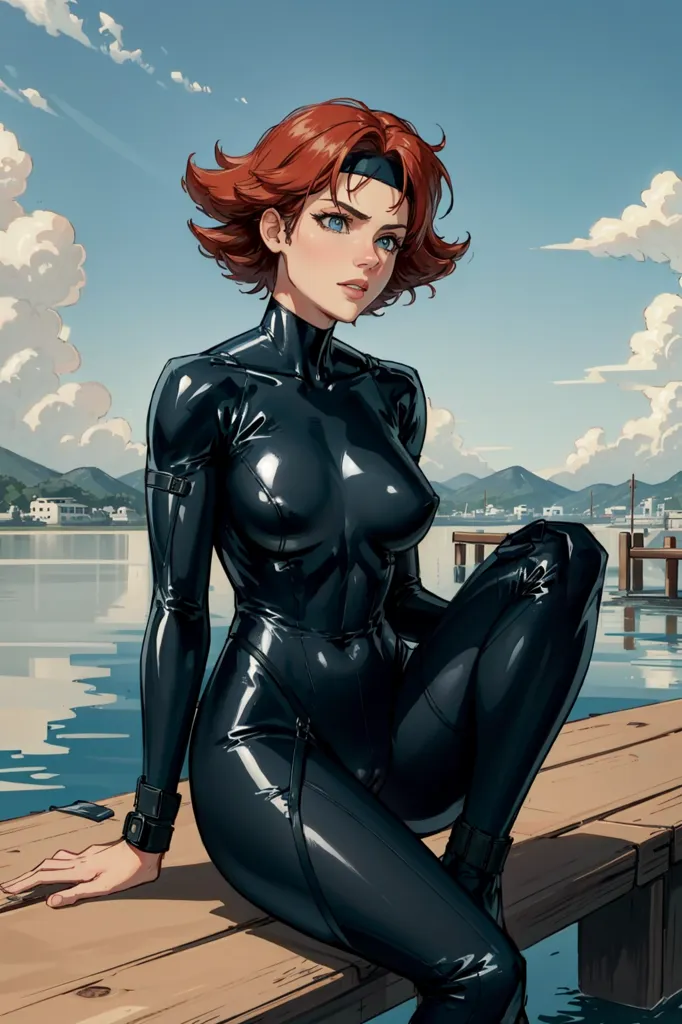 The image is of a woman in a black wetsuit-like outfit with a red headband. She is sitting on a dock with her right leg crossed over her left. She is looking to the right of the frame. The background is a lake with a mountainous skyline in the distance. The sky is blue and cloudy.