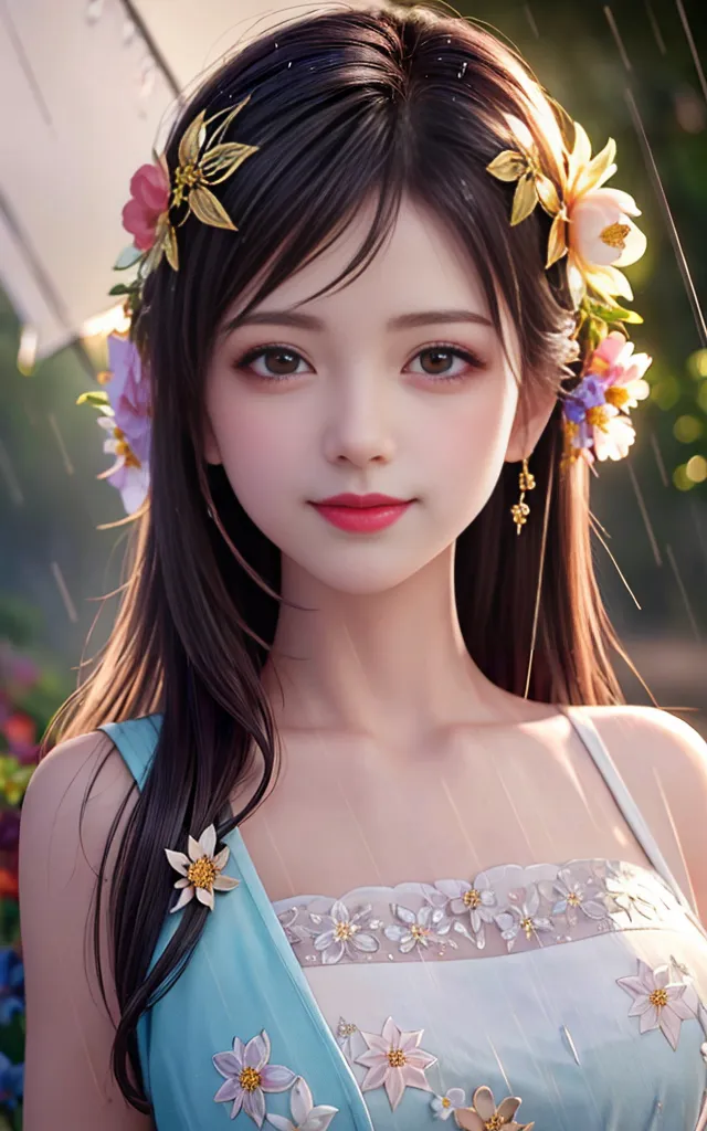 The image shows a beautiful young woman with long, dark hair. She is wearing a blue dress with white flowers and has a wreath of flowers in her hair. The background is blurred, but it looks like she is standing in a forest. The woman has a soft smile on her face and looks very peaceful.