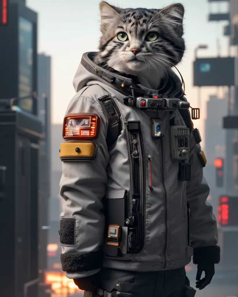 The image shows a cat wearing a futuristic space suit with a clear bubble helmet. The cat is standing in an urban setting, surrounded by tall buildings. The cat is looking at the camera with a curious expression. The image is rendered in a realistic style, and the cat's fur and the details of the space suit are clearly visible.