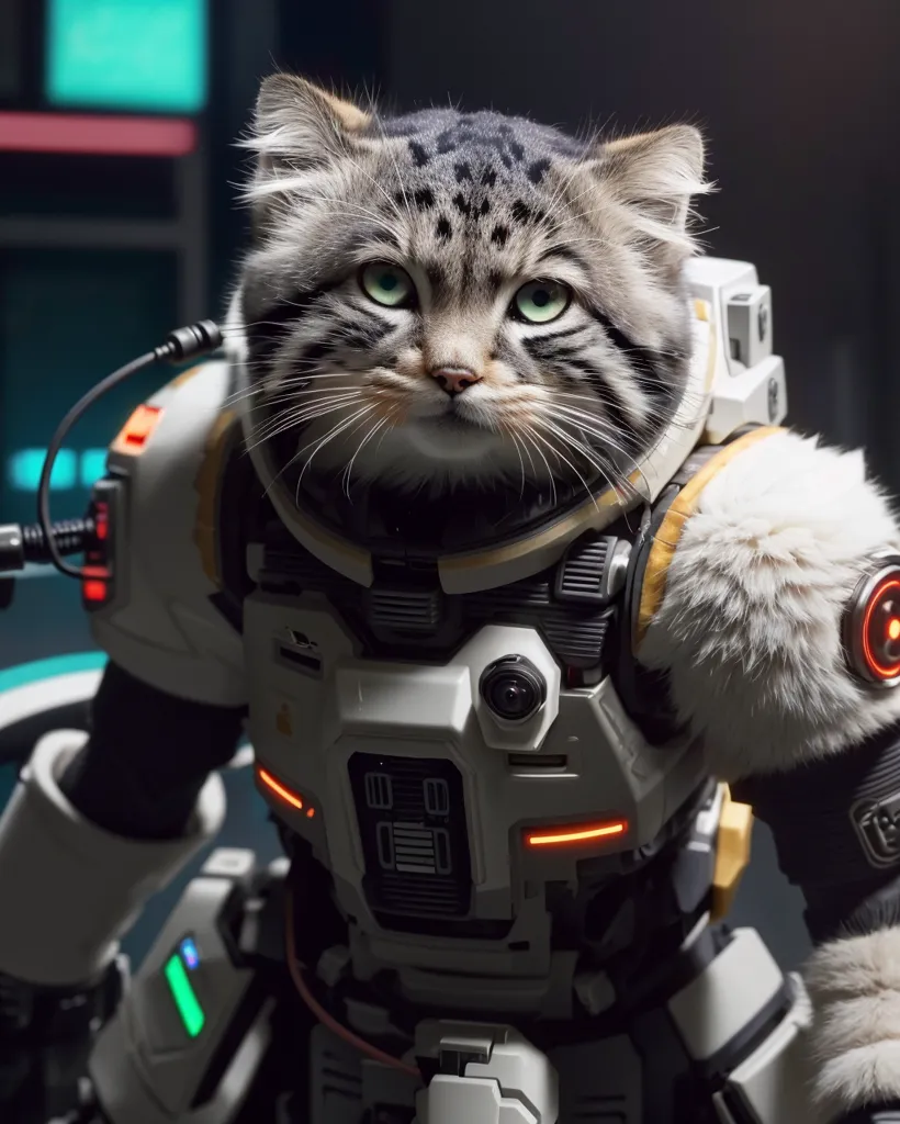 The image shows a cat wearing a spacesuit with a clear bubble helmet. The cat is sitting in a spaceship and looking at the camera. The spacesuit is white and gray with orange lights on the chest and arms. The cat is gray and white with green eyes. The background is a spaceship with a lot of technology.