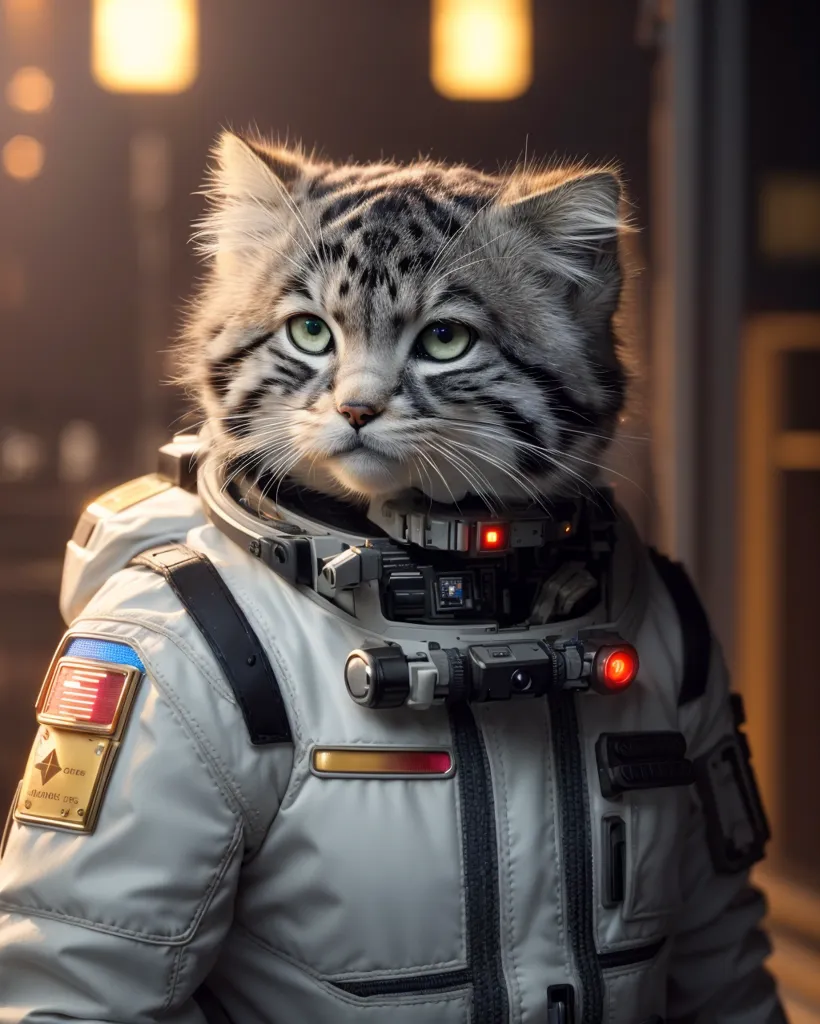 The image shows a cat wearing a spacesuit with the American flag patch on its shoulder. The cat is looking to the right of the frame, with a serious expression on its face. The spacesuit has a camera attached to the helmet and various other equipment and patches. The background is blurred, with two warm-colored lights visible.