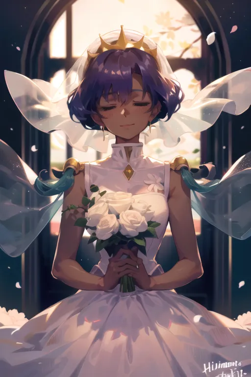 The image is of a beautiful dark-skinned woman with purple hair. She is wearing a white wedding dress with a long veil. She is holding a bouquet of white roses. She is standing in front of a large window. The sun is shining through the window and creating a beautiful light. The woman is looking down with her eyes closed. She has a serene and happy expression on her face.