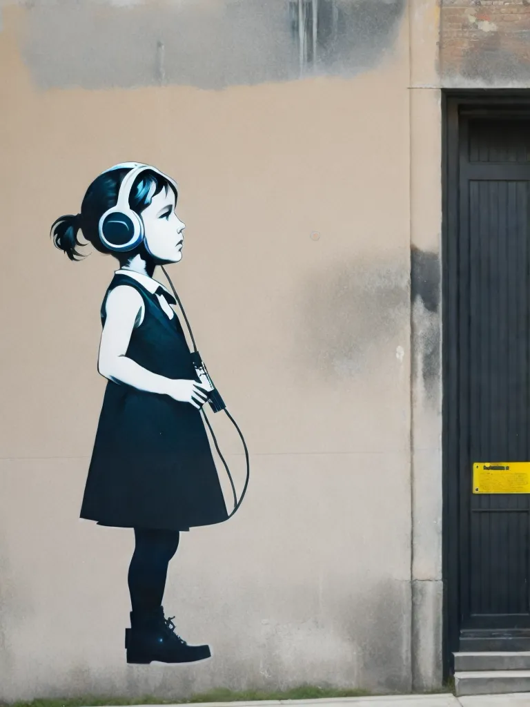 Un estarcido en blanco y negro de una chica con auriculares está pintado en una pared. La chica lleva un vestido y tiene el cabello recogido en una cola de caballo. Está mirando hacia abajo a un reproductor de casetes que sostiene en sus manos. Hay una puerta negra junto a ella.