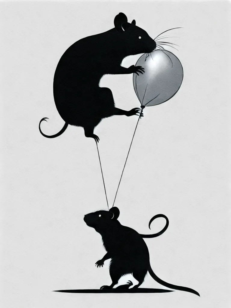 Un rat noir tient un ballon avec ses deux pattes avant. Le rat flotte dans les airs. Il y a un autre rat noir en dessous. Le plus petit rat tient la ficelle du ballon avec ses deux pattes avant et ses pattes arrière sont au sol.