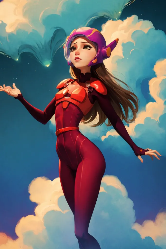 This is an illustration of a young woman wearing a red and purple jumpsuit with a purple helmet. She is standing with her left hand raised and is looking to the left. She has long brown hair, and there are clouds in the background.