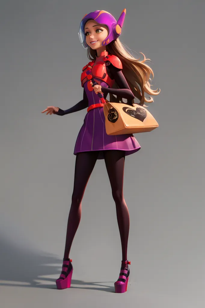 The image is of a young woman, with long brown hair, wearing a purple and red outfit. She has a purple skirt, with a red belt, and a red top, with purple sleeves. She is also wearing a red and purple helmet, with yellow goggles. She is carrying a yellow handbag, with a heart on it, and is wearing purple high heels.