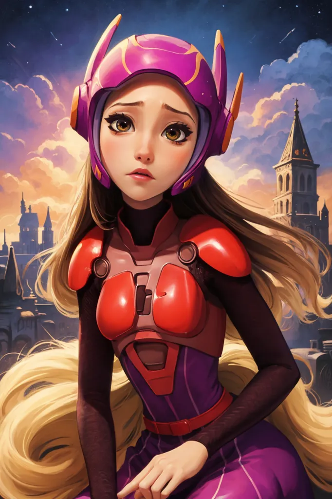 L'image représente une jeune femme aux longs cheveux blonds. Elle porte un costume de super-héros violet et rouge avec un casque. Elle regarde la caméra avec une expression triste sur le visage. L'arrière-plan est un paysage urbain avec un coucher de soleil.