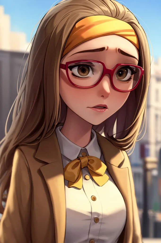 The image shows a young woman with long brown hair and brown eyes. She is wearing a white blouse, a brown blazer, and a yellow bow tie. She is also wearing glasses and a yellow headband. She has a concerned expression on her face.