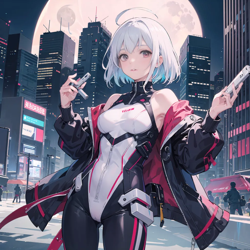 The image is a painting of a young woman standing in a futuristic city. She is wearing a white bodysuit and a black jacket. She has short white hair and red eyes. She is holding two guns. There are tall buildings in the background and a large moon in the sky.