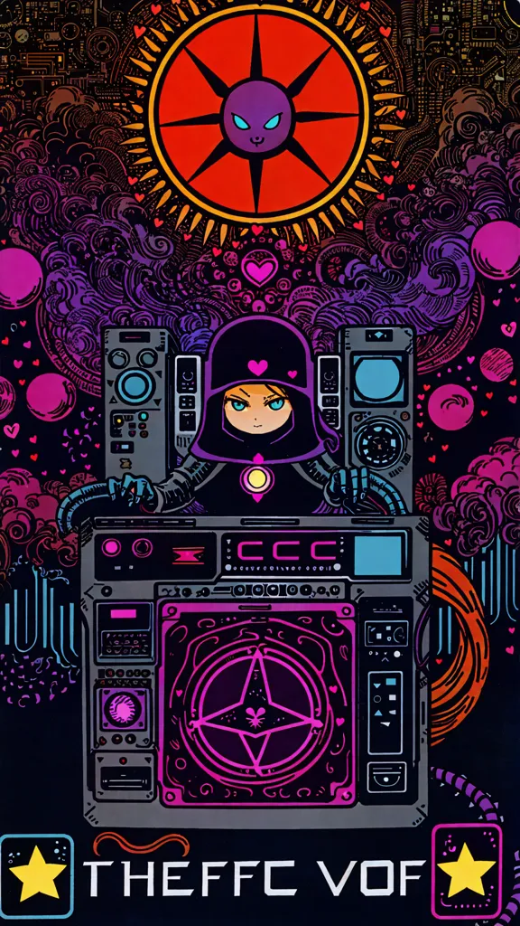 The image is a colorful and psychedelic illustration of a girl sitting in a control room. The girl is wearing a purple and black outfit and has a serious expression on her face. She is surrounded by a variety of electronic equipment and strange symbols, hearts, and stars. The background is filled with a sea of pink and purple hearts and various electronic symbols. The image has a retro and futuristic feel and is reminiscent of the artwork from the 1980s.