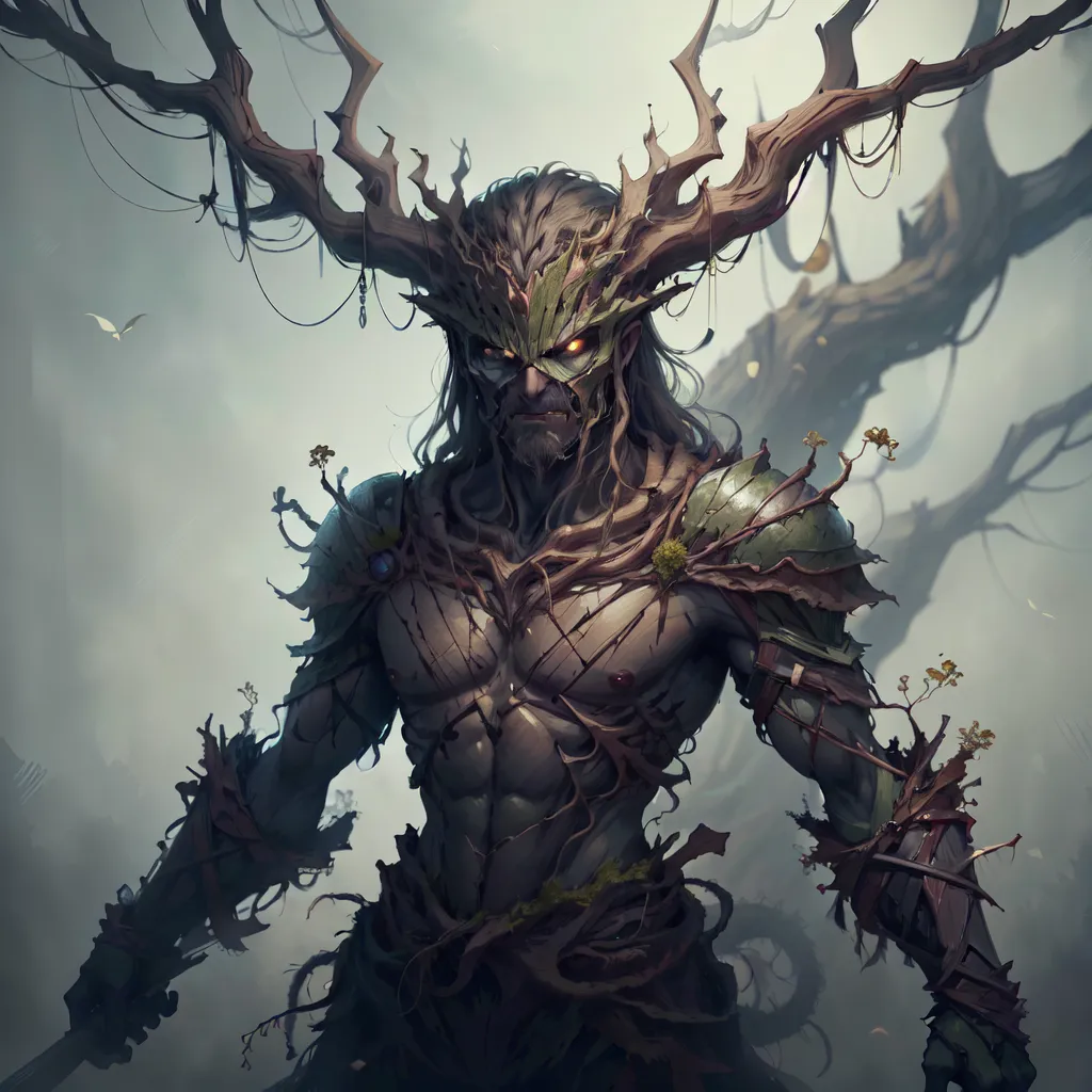 The image shows a tall, muscular man with long white hair and a beard. He is wearing a loincloth made of leaves and vines, and his body is covered in intricate tattoos. He has the antlers of a deer growing out of his head, and his eyes are a bright, glowing green. He is standing in a forest, and there are trees and branches all around him.