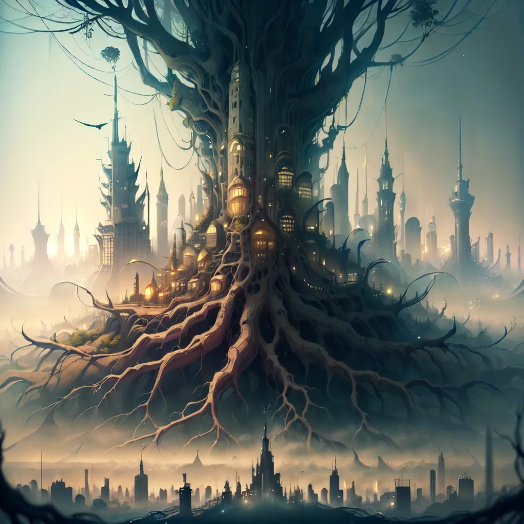 La imagen es una pintura digital de una ciudad construida sobre las ramas de un árbol gigante. El árbol está en el centro de la imagen y sus ramas se extienden hacia la izquierda y la derecha. La ciudad está construida sobre las ramas y está formada por edificios altos y rascacielos. Los edificios están hechos de metal y vidrio, y todos son muy modernos. La ciudad está iluminada por luces brillantes y hay gente moviéndose por las calles. La imagen es muy detallada y está claro que el artista puso mucho pensamiento en crearla.