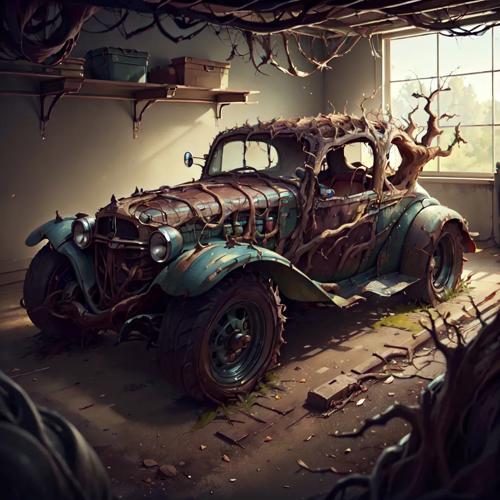 The image shows an old, rusty car covered in vines and leaves. The car is sitting in a garage or barn, and there are boxes and other debris on the shelves in the background. The light from the window is shining in on the car, and there are trees and branches growing outside the window. The image is very detailed, and the artist has used a variety of techniques to create a realistic and atmospheric scene.