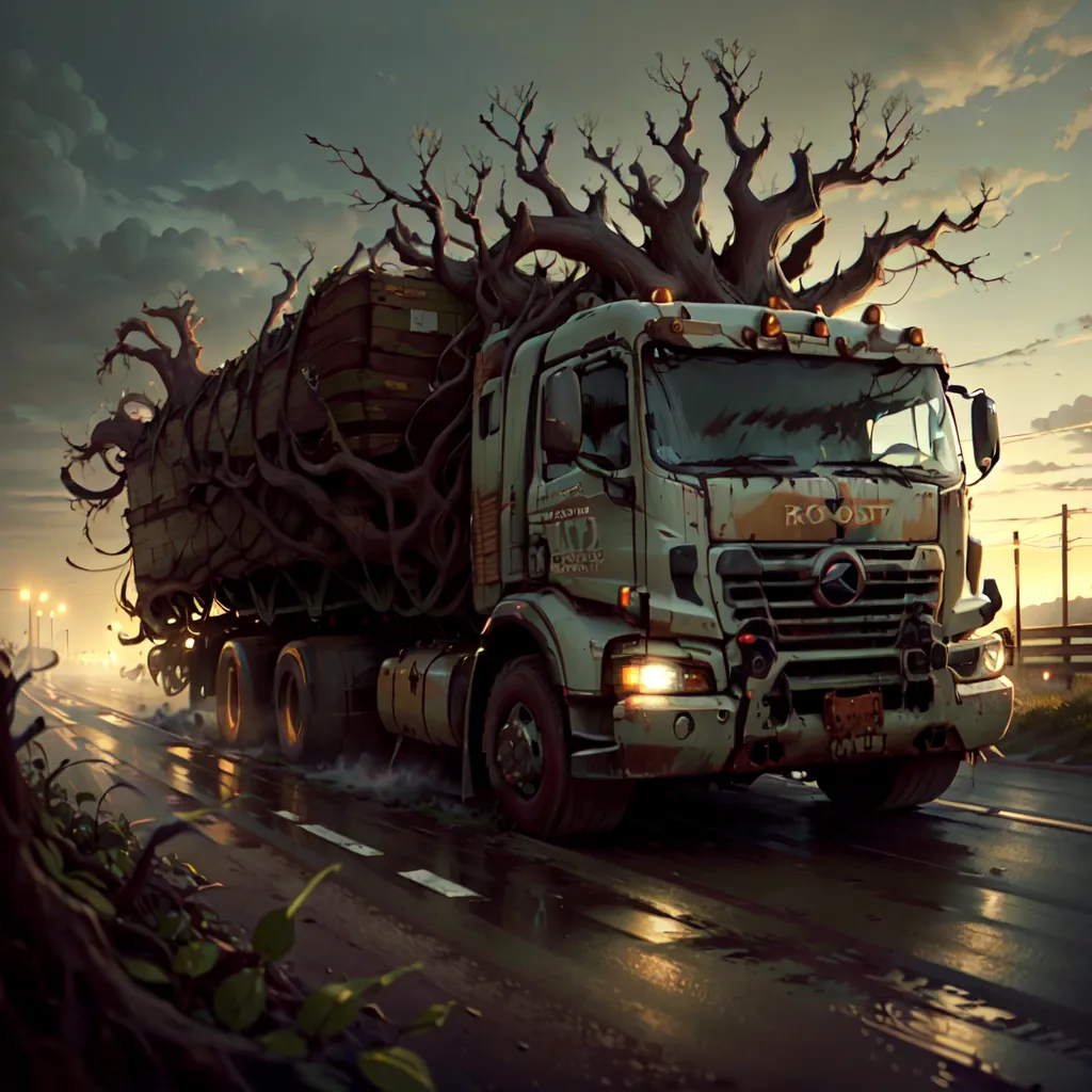 The image shows a large truck with a trailer full of dead trees. The truck is rusty and looks like it has seen better days. The trees are tangled together and look like they have been there for a long time. The truck is driving on a road that is lined with trees. The sky is dark and cloudy. The image is post-apocalyptic and looks like it could be from a movie.