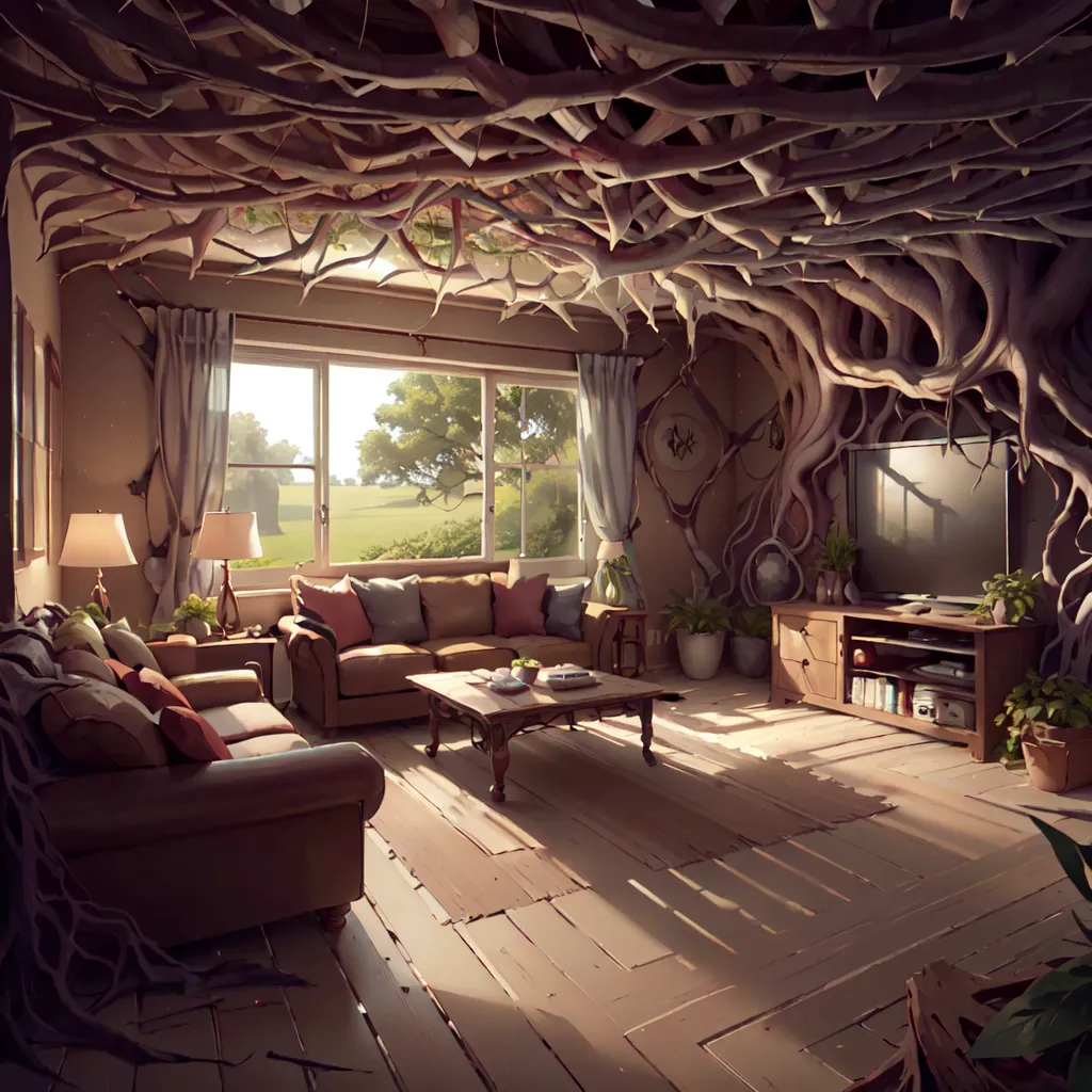 The image is a living room with a large window, a sofa, a coffee table, and a television. The room is decorated with plants and has a rustic feel. The ceiling has a large tree growing through it, with branches and leaves hanging down. The roots of the tree are visible in the walls and floor. The image is warm and inviting, with a touch of whimsy.