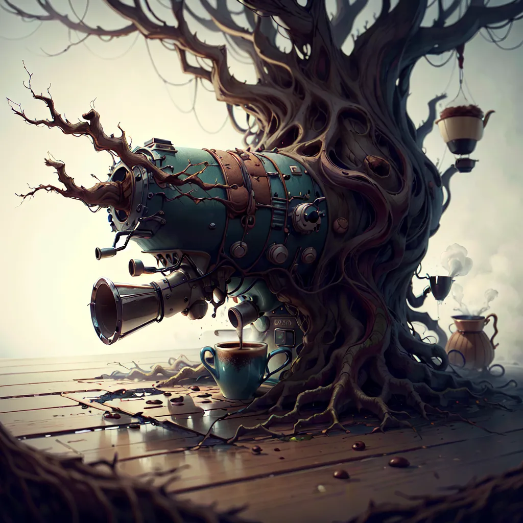 The image is a surreal steampunk-style illustration of a tree-like machine. The machine is made of metal and wood. It has a large, round body with a door on the front. There is a funnel on the top of the machine and a spout on the bottom. The machine is decorated with various pipes, gauges, and other steampunk accessories.

The machine is sitting on a wooden table and there is a cup of coffee sitting in front of it. The machine appears to be making the coffee.

The background of the image is a white wall with a wooden floor. There is a small window on the left side of the wall. The window is covered in cobwebs.

The image is very detailed and has a whimsical, steampunk feel to it.