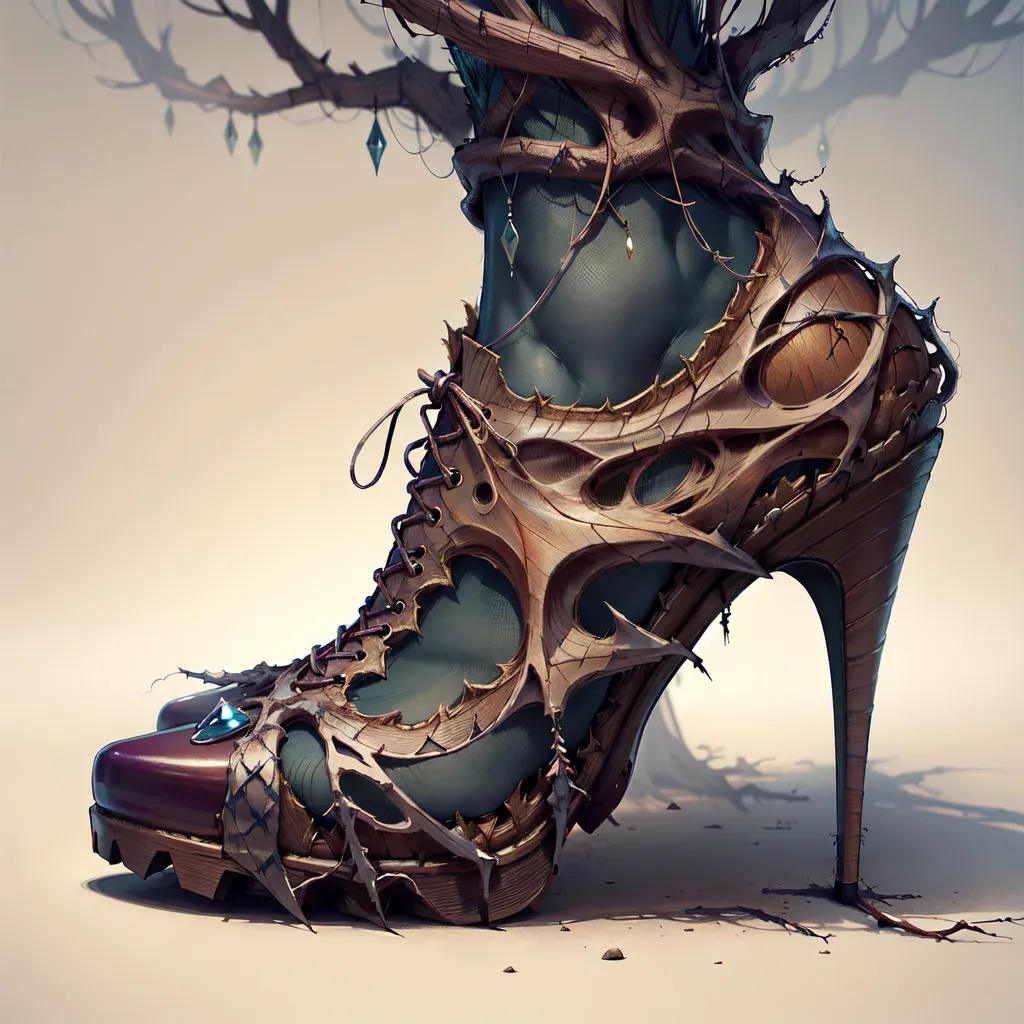 La imagen es un renderizado 3D de una bota. La bota está hecha de cuero marrón y tiene un tacón alto. La bota está decorada con tachuelas metálicas y tiene un árbol creciendo de ella. El árbol tiene hojas verdes y flores rosas. La bota descansa sobre una superficie blanca. El fondo es blanco.