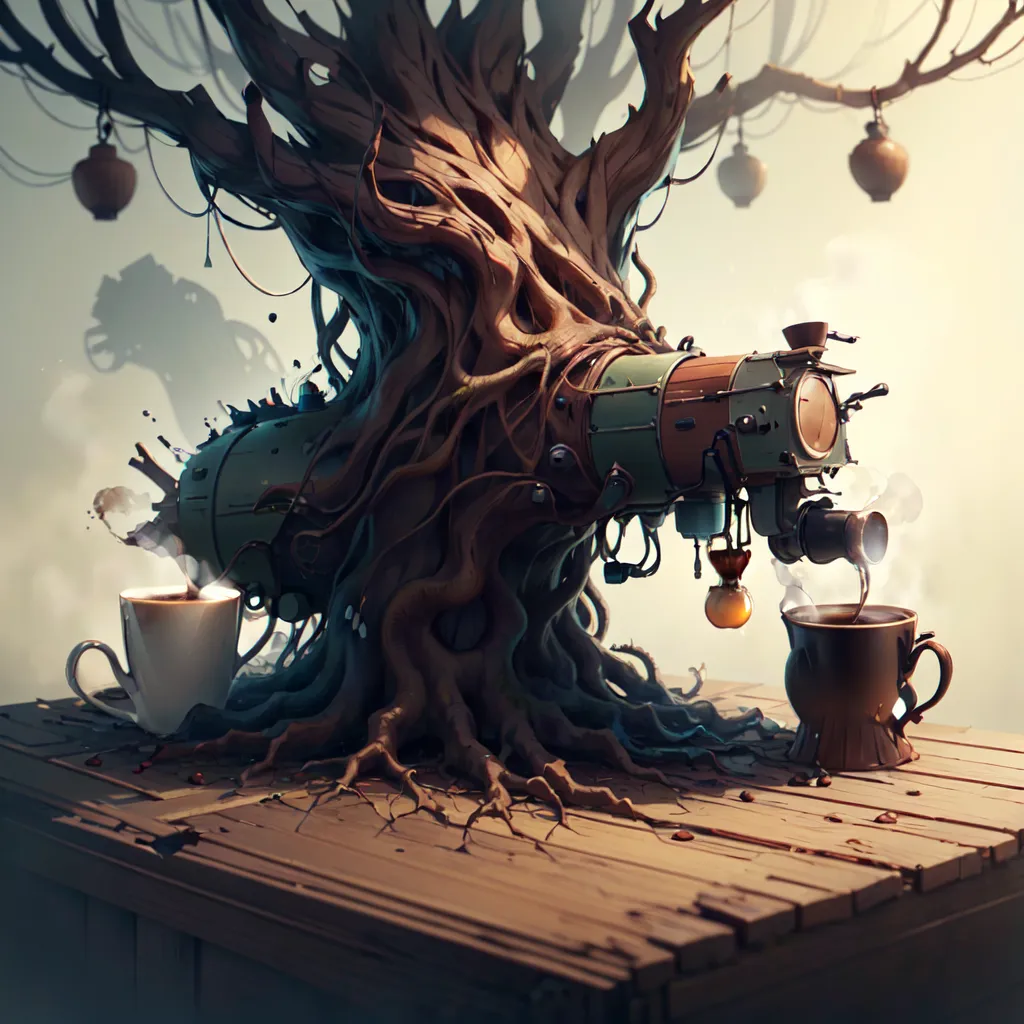 The image is a surreal and whimsical depiction of a tree-like machine. The tree is made of wood and has branches that extend in all directions. On the branches are several small, round fruits. The machine part of the tree is made of metal and has a large, funnel-shaped opening at the top. There is a hose attached to the bottom of the funnel, and the hose is pointed at a table. On the table are two cups, one white and one brown. The brown cup is filled with a steaming liquid, and the white cup is empty. There is a small, brown, round object on the table next to the white cup. The image is set in a forest, and there are several other trees in the background.