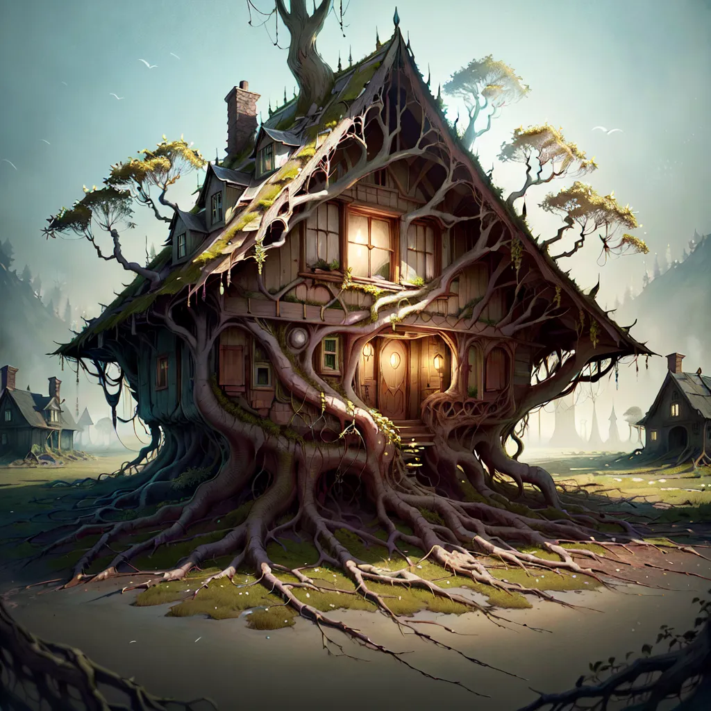 The image is a painting of a two-story house made of wood and covered in vines and branches. The house has a large door and two windows on the first floor and two windows on the second floor. The roof is made of thatch. There is a tree growing out of the top of the house. The house is surrounded by a forest.