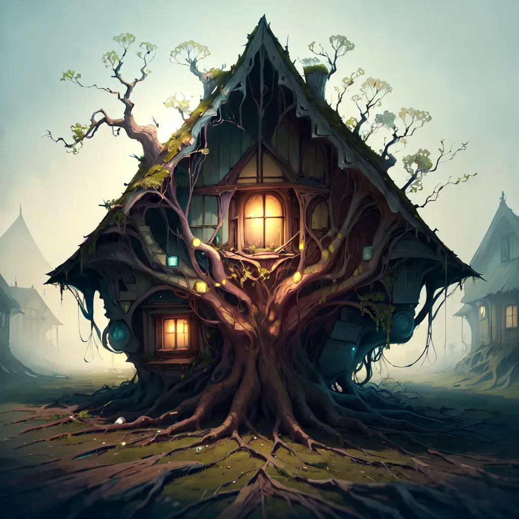 The image is a digital painting of a house that is mostly covered in vines and branches from nearby trees. The house is made of wood and has a large door and several windows. The trees around the house are tall and have thick branches. The leaves on the trees are green. There is a small patch of grass in front of the house. The sky is foggy and there are no visible stars or moon.