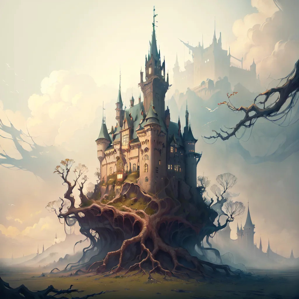 The image is a digital painting of a fantasy castle. The castle is built on a large tree stump, with roots that extend down into the ground. The castle is made of gray stone, with green turrets and a blue roof. There are a few trees around the castle, and a large mountain in the background. The sky is light blue, with a few clouds. The image has a somewhat dark and mysterious atmosphere.