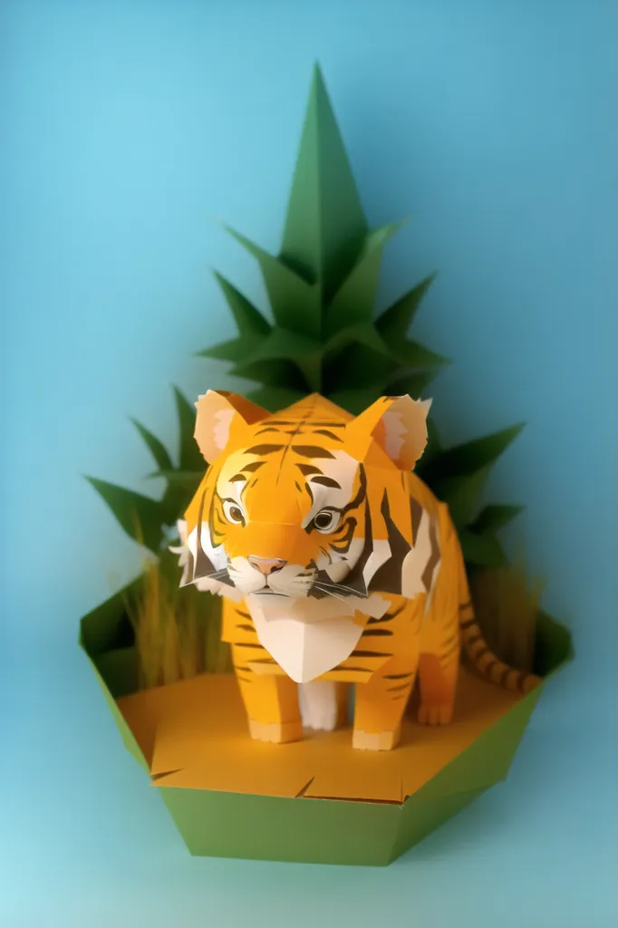 Esta imagem mostra um tigre de origami feito de papel laranja, preto e branco. O tigre está em pé em uma plataforma de papel verde e amarelo e está cercado por plantas de papel verde. O fundo é azul.