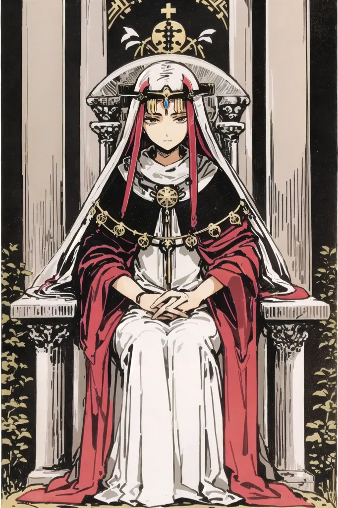 The picture shows a personification of the World tarot card. It depicts a woman with red hair and eyes, wearing a white dress with a red cape and a golden crown. She is sitting on a throne with her hands folded in her lap. The background is white with grey columns on either side and a grey floor with a red carpet leading up to the throne.