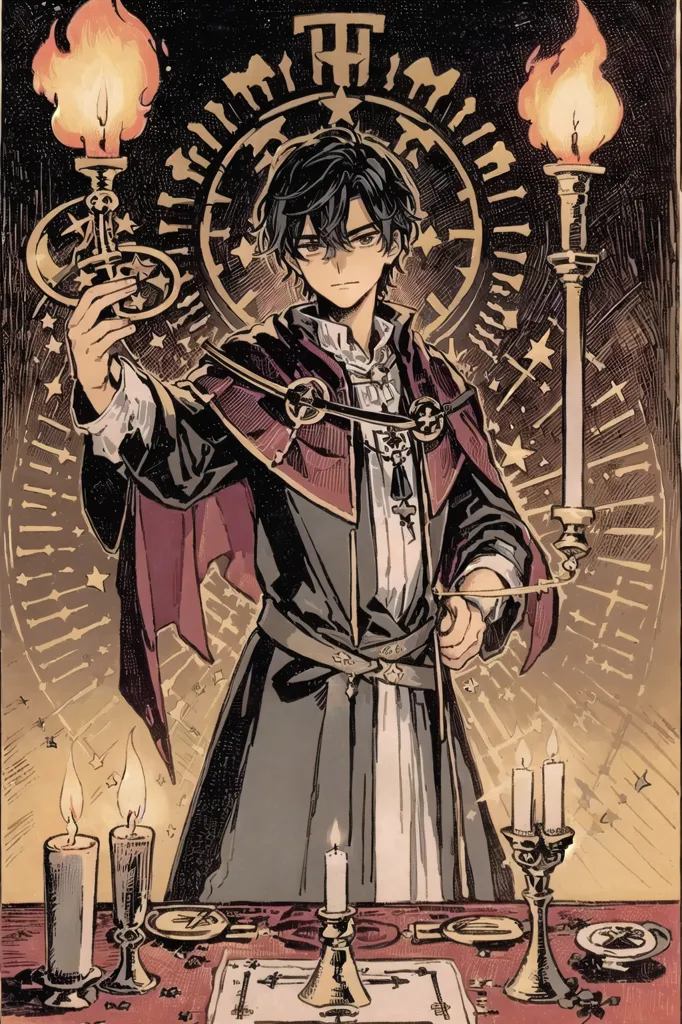 The image is of a young man in a black and red robe with a white cravat standing in front of a large ornate golden symbol. He has short black hair and purple eyes, and is holding a tall white candle in his right hand while gesturing with his left. There are candles on the table before him, and stars and arcane symbols decorate the background.