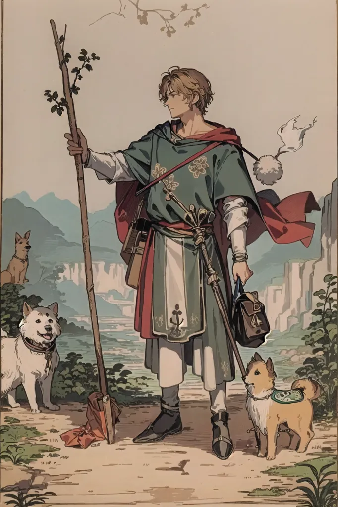 This image shows a person standing in a field, holding a staff in their right hand and a bag in their left hand. They are wearing a green tunic with a white undershirt and brown boots. They have a red cape with a white symbol on it. There are three dogs around them, one white, one brown, and one brown and white. In the background, there is a mountain range.