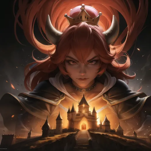 The image is of Bowser, the main antagonist of the Mario series. He is depicted as a large, powerful-looking creature with red hair, horns, and a crown. He is standing in front of a large castle, and there are flames coming out of the ground around him. He is looking at the viewer with a determined expression on his face.