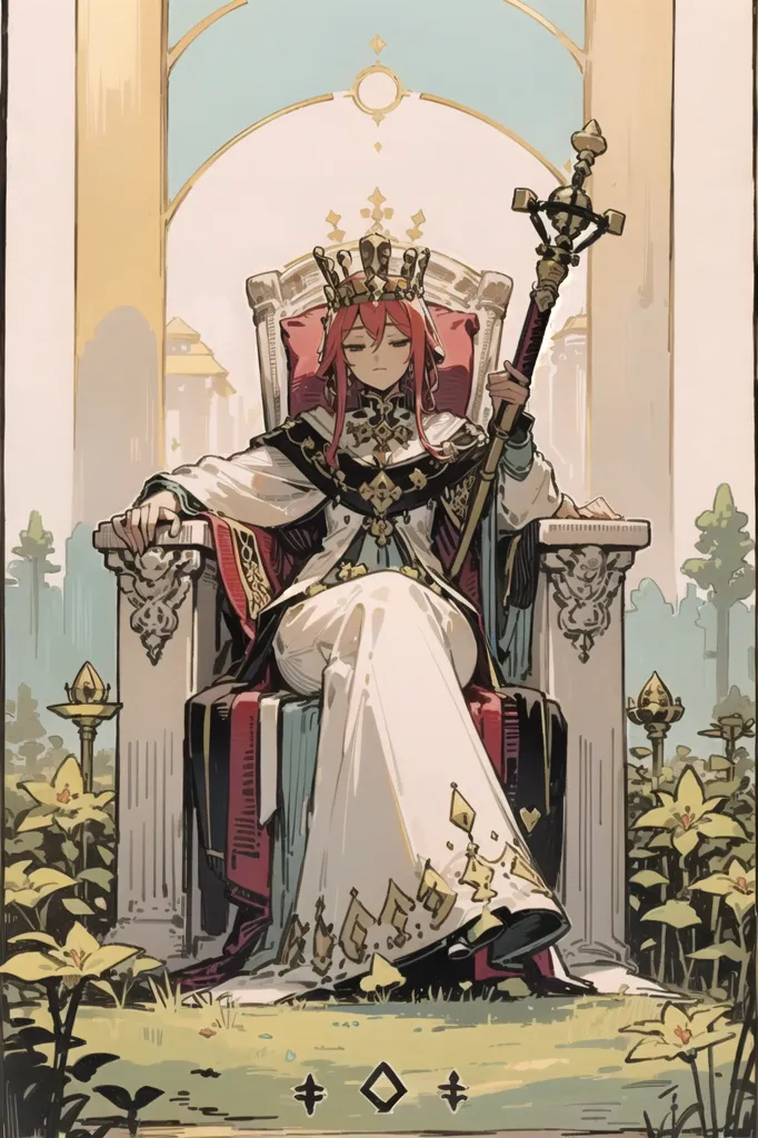 This image shows a personification of the Empress tarot card. The Empress is a symbol of feminine power, fertility, and abundance. She is often depicted as a young woman, surrounded by symbols of nature and fertility. In this image, the Empress is depicted as a red-haired woman, wearing a crown and a white dress. She is sitting on a throne, with a scepter in her hand. She is surrounded by flowers and plants, which are symbols of her fertility and abundance. The Empress is a powerful and nurturing figure, who represents the creative and fertile power of nature.