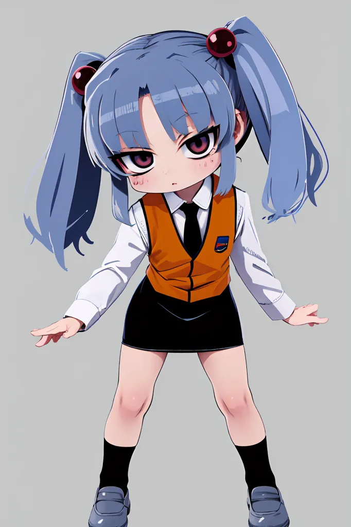 The image is of a young girl with blue hair and red eyes. She is wearing a white shirt, a tie, a black vest, and a black skirt. She is also wearing black socks and shoes. She is standing with her feet shoulder-width apart and her arms outstretched. Her head is tilted slightly to the right and she has a curious expression on her face.