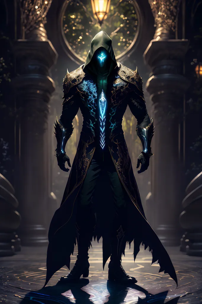 The image is of a tall, muscular man dressed in black and blue armor. He is wearing a hood that covers his face, and his eyes are glowing blue. He is standing in a dark room. There are large pillars on either side of him, and a large clock is on the wall behind him. The clock is glowing green, and it looks like it is about to strike midnight.