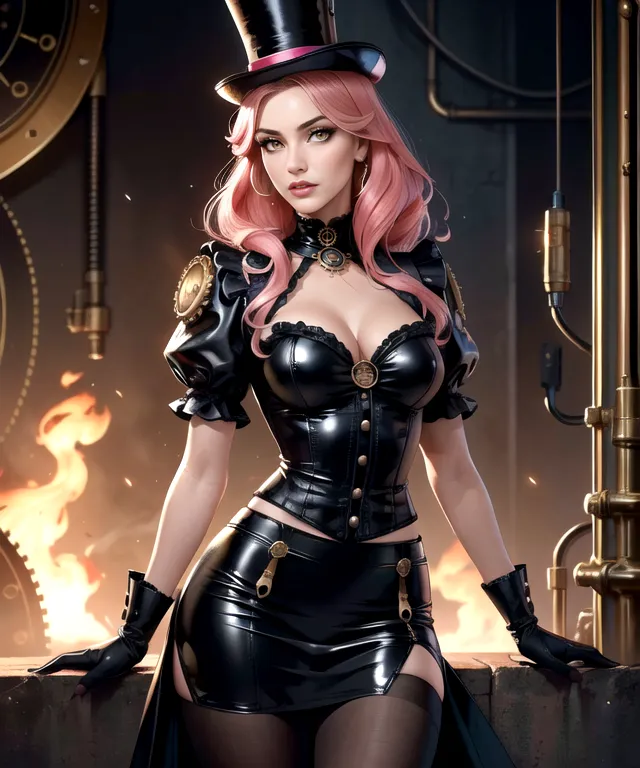 L'image représente une belle femme aux cheveux roses. Elle porte un corset en cuir noir et un haut-de-forme noir. Elle porte également une paire de gants noirs et une jupe noire. Elle se tient devant un décor steampunk.