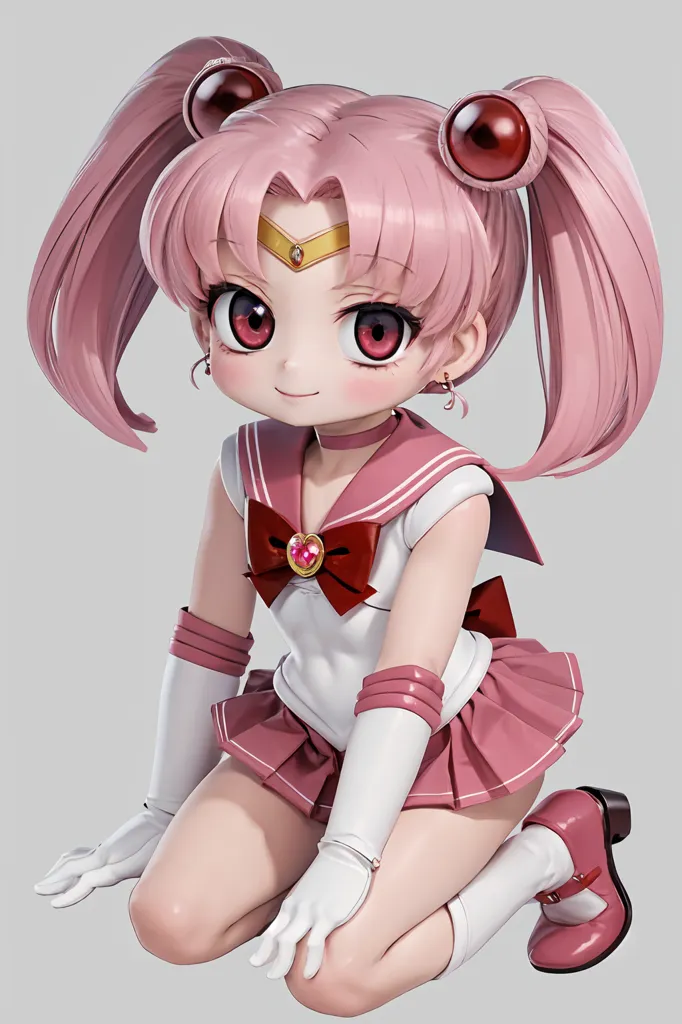 The image is of a young girl with pink hair and red eyes. She is wearing a pink and white sailor fuku with a red bow and a pink skirt. She is also wearing white gloves and pink shoes. She is kneeling on the ground and has her hands together in front of her. She has a small smile on her face. The background is a light gray.