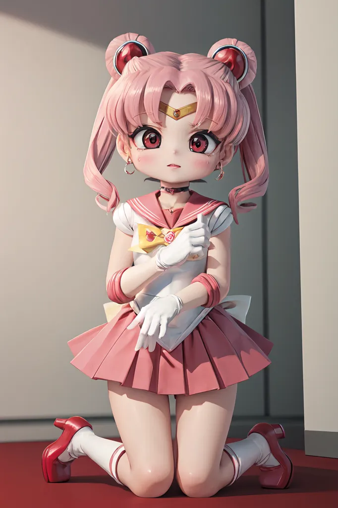 The image is a 3D rendering of a character from the anime series Sailor Moon. The character is Chibiusa, also known as Sailor Chibi Moon. She is kneeling on the ground with her hands together in front of her. She is wearing a pink dress with a white collar and a red bow. She also has on white gloves and red boots. Her hair is pink and she has large red eyes. The background is a simple white wall.