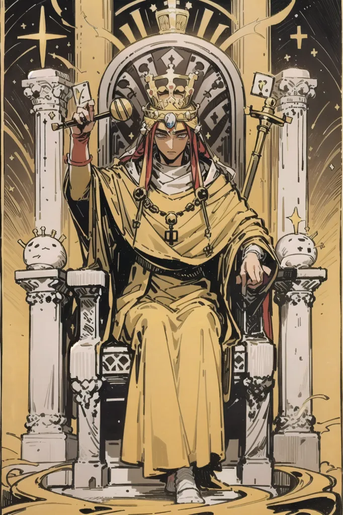 The image is of a personification of the Sun. The figure is sitting on a throne wearing a golden robe and a crown. They have red hair and eyes and are holding a scepter in each hand. The scepter in their left hand has a sun on top of it, and the one in their right hand has a moon. There are two small creatures on either side of the figure. There are also two large columns on either side of the figure with a creature on top of each column. The figure is sitting on a raised platform with a large sun behind them.