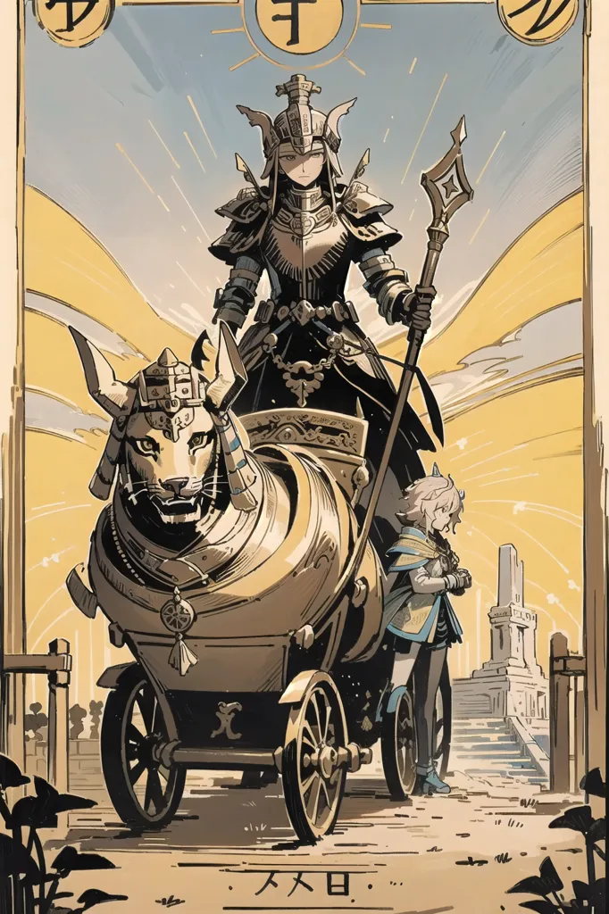 The image is in a golden yellow color scheme. The foreground is a golden chariot being pulled by a sphinx-like creature with a golden bell on its head and an elaborate golden harness. The chariot is driven by a woman in golden armor with a red cape. She is holding a staff with a crescent moon on top. Behind the chariot is a young boy with a sword. He is wearing a blue shirt and white pants. The background is a city with a large gate and a tower. There are also some trees and clouds in the background.