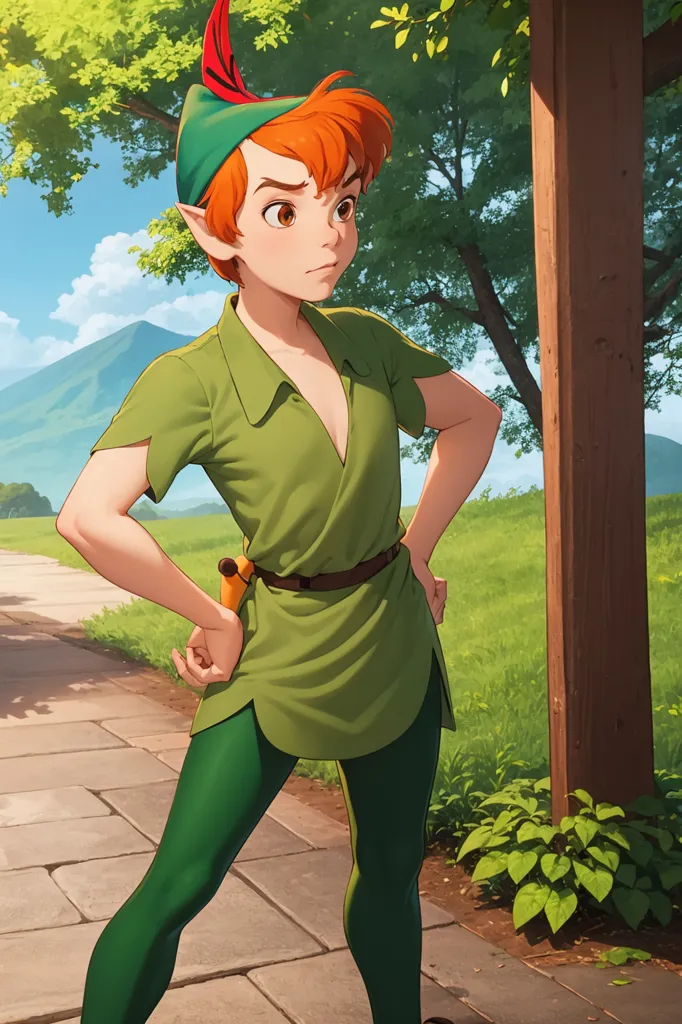 A imagem é de Peter Pan, um menino travesso que pode voar e nunca envelhece. Ele está vestido com seu icônico tuníca e calças verdes, e tem uma pena vermelha em seu boné. Ele está em pé em uma floresta, e há um caminho que se estende ao longe. Peter Pan olha para o espectador com um sorriso confiante no rosto.