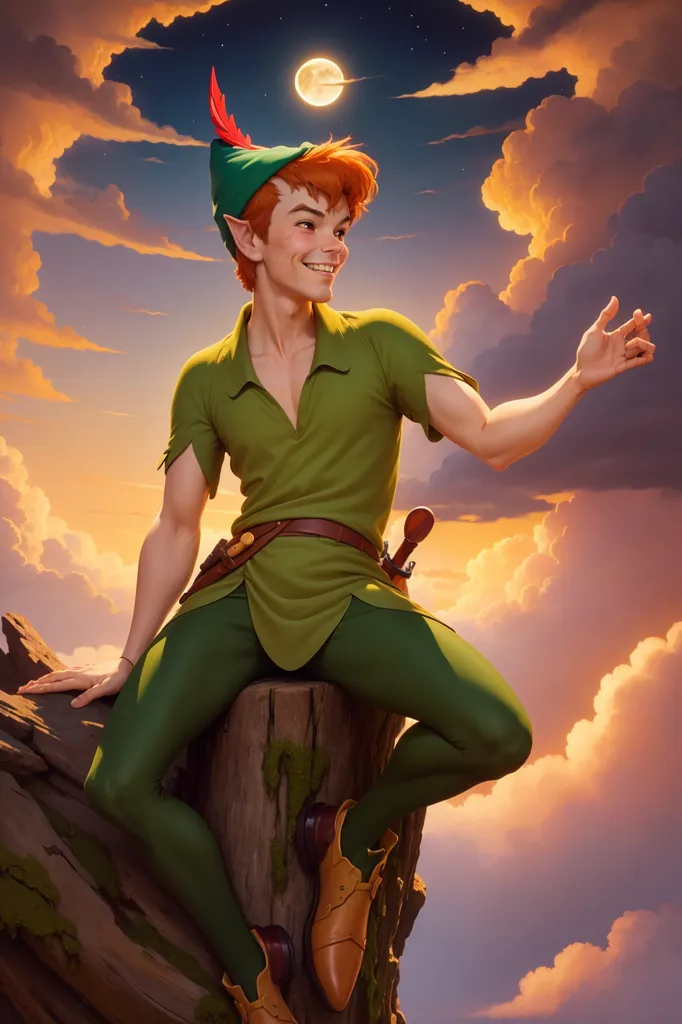 The image shows a young man dressed in a green tunic and brown leggings. He has a red feather in his cap and a knife on his belt. He is sitting on a tree branch with one hand outstretched, palm up, as if he is inviting someone to join him. The background is a sky full of clouds with a moon in the top right corner. The man has a mischievous smile on his face and seems to be enjoying the adventure.