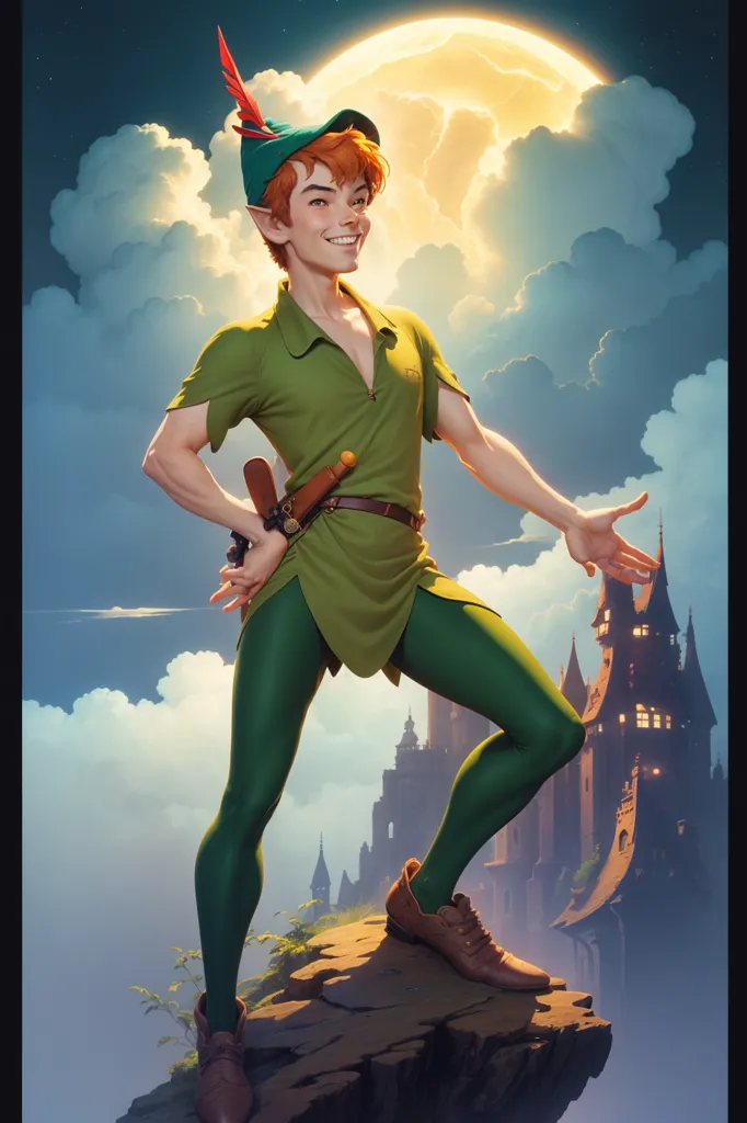 The image is of Peter Pan, a fictional character created by Scottish novelist and playwright J. M. Barrie. He is a mischievous boy who can fly and never grows old. Peter Pan is the leader of the Lost Boys, a group of boys who live on the island of Neverland. He is often depicted wearing a green tunic and tights, and he carries a dagger. In this image, Peter Pan is standing on a rock in front of a castle. He is smiling and has one hand on his hip and the other outstretched. The moon is in the background, and there are clouds in the sky.