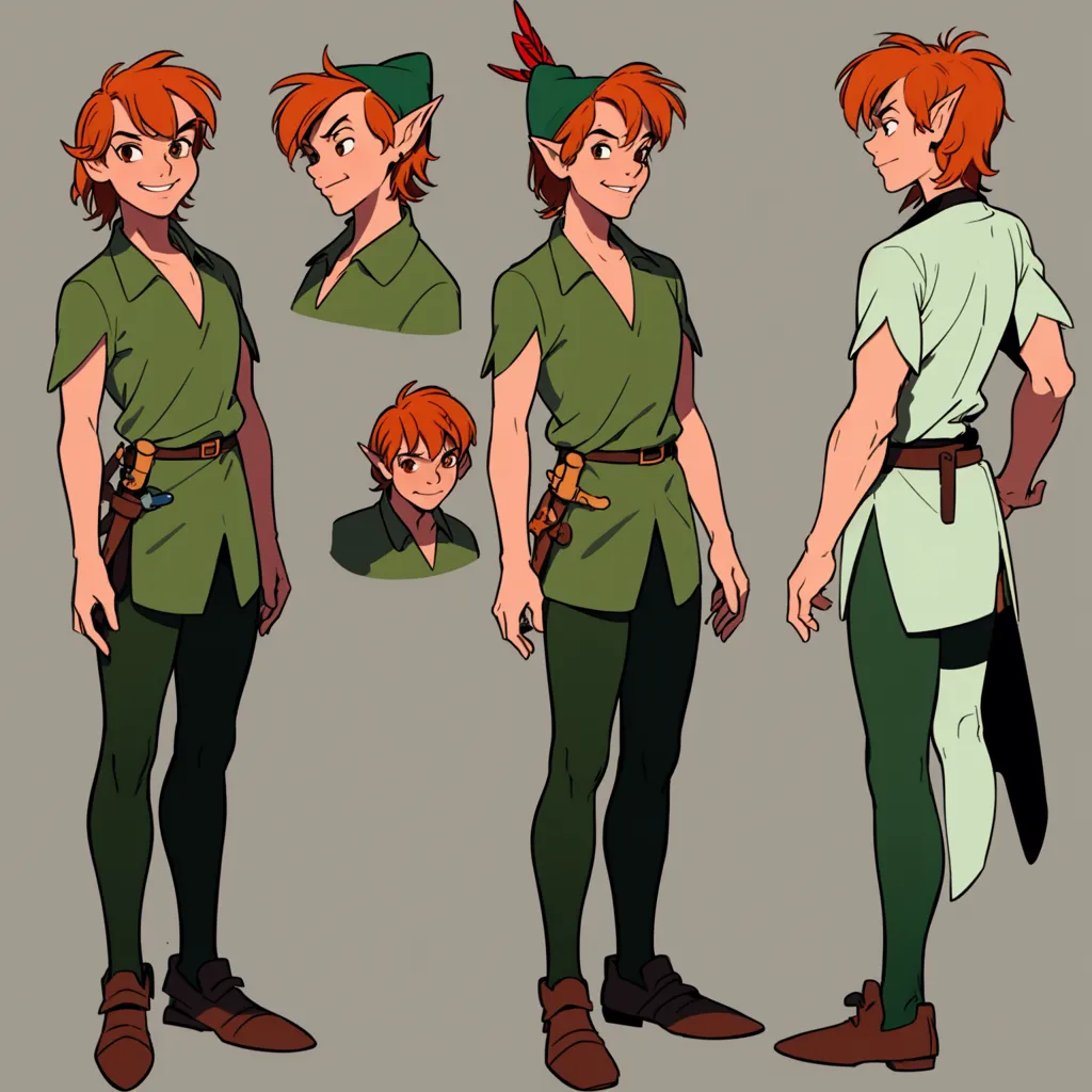 This is a drawing of a young man with an elfish appearance. He has red hair and green eyes, and he is wearing a green shirt, brown pants, and a brown hat with a red feather. He is also wearing a sword on his belt. He has a confident expression on his face, and he is standing in a relaxed pose. The drawing is done in a semi-realistic style, and the colors are vibrant and bright.