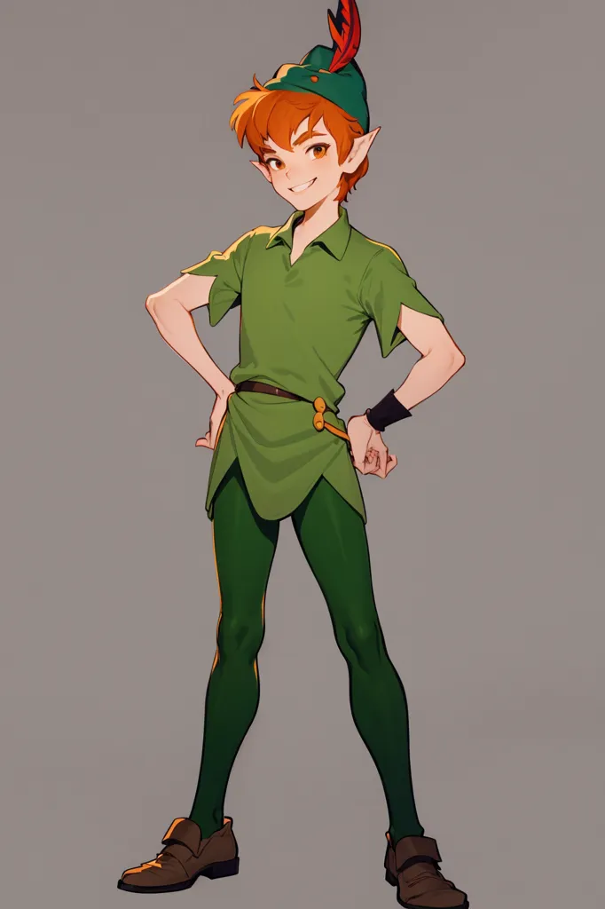 The image is of Peter Pan, a fictional character created by Scottish novelist and playwright J. M. Barrie. He is a mischievous young boy who can fly and has many adventures with his fairy sidekick, Tinkerbell. Peter Pan is often depicted as wearing a green tunic and tights, and he is usually barefoot. He is also known for his mischievous grin and his love of playing pranks. In this image, Peter Pan is standing with his hands on his hips and a confident smile on his face. He is wearing his signature green tunic and tights, and he is barefoot. His hair is brown and his eyes are green. He has a feather in his cap and a knife in his belt. He is standing in a confident pose, and he looks like he is ready for anything.