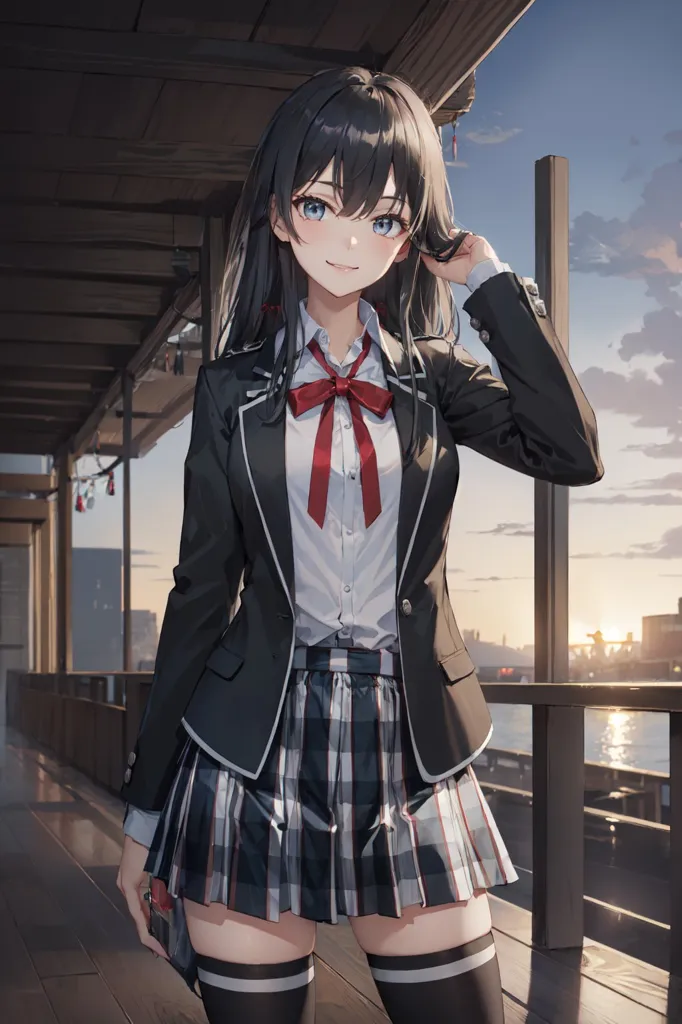 The image shows a young girl, with long black hair, blue eyes, and a slight blush on her cheeks. She is wearing a white blouse, a black blazer, and a gray pleated skirt. She is also wearing a red bow tie and black knee-high socks. She is standing on a wooden walkway, with a blurred background of a city.