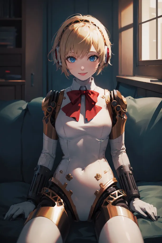 The image depicts a young woman with short blonde hair and blue eyes. She is wearing a white bodysuit with a red bow on the chest area. She also has brown metallic limbs and is wearing headphones. She is sitting on a sofa in a room with a window to her right.